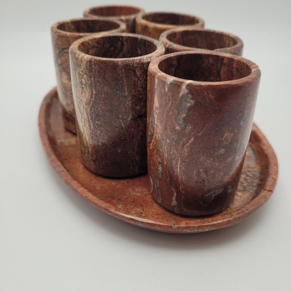 Hand Carved Red Marble Shot Glass Set w/ Tray Mexico Artisan Barware Gift - Picture 4 of 12